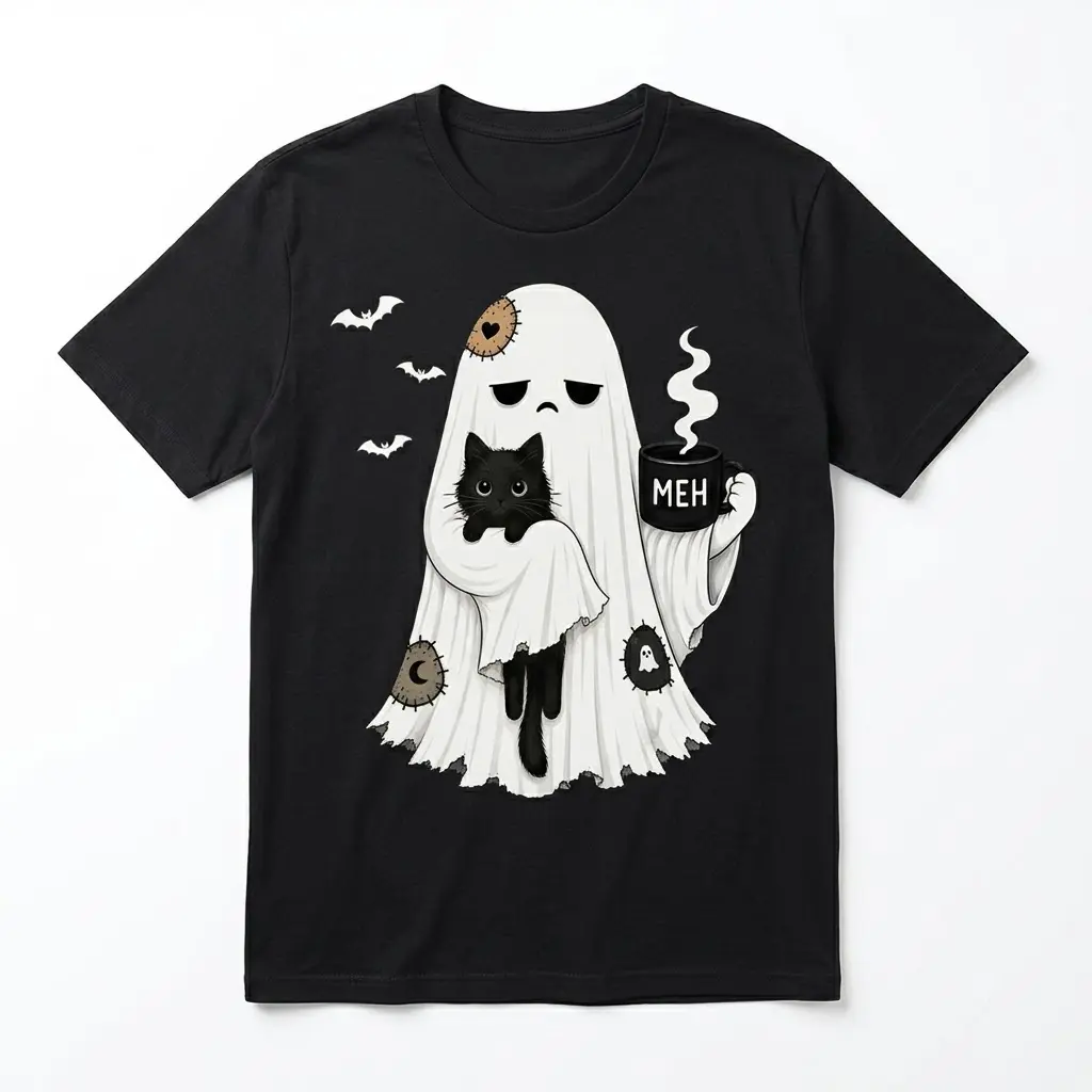 Black t-shirt featuring a white, unimpressed ghost holding a black cat and a 'MEH' mug, with bats and patches.