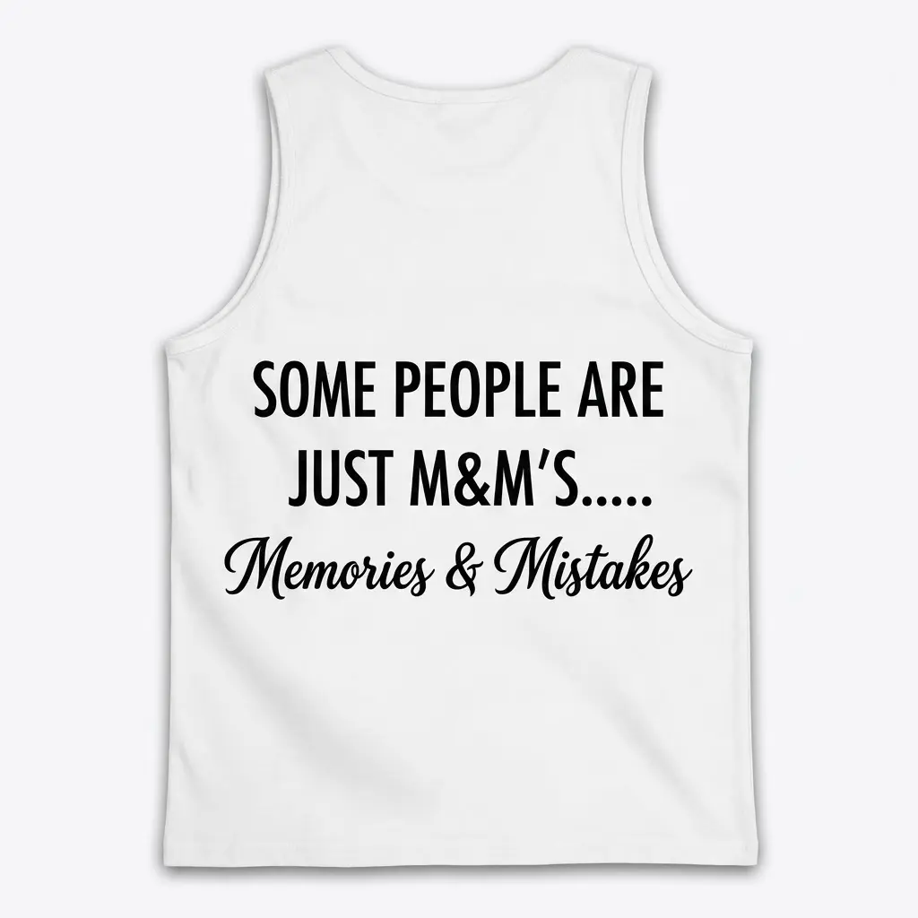 Memories And Mistakes Funny Quote T-Shirt 3 Back flat lay of a tank top with the humorous Some People Are Just M&M's graphic on the upper back.