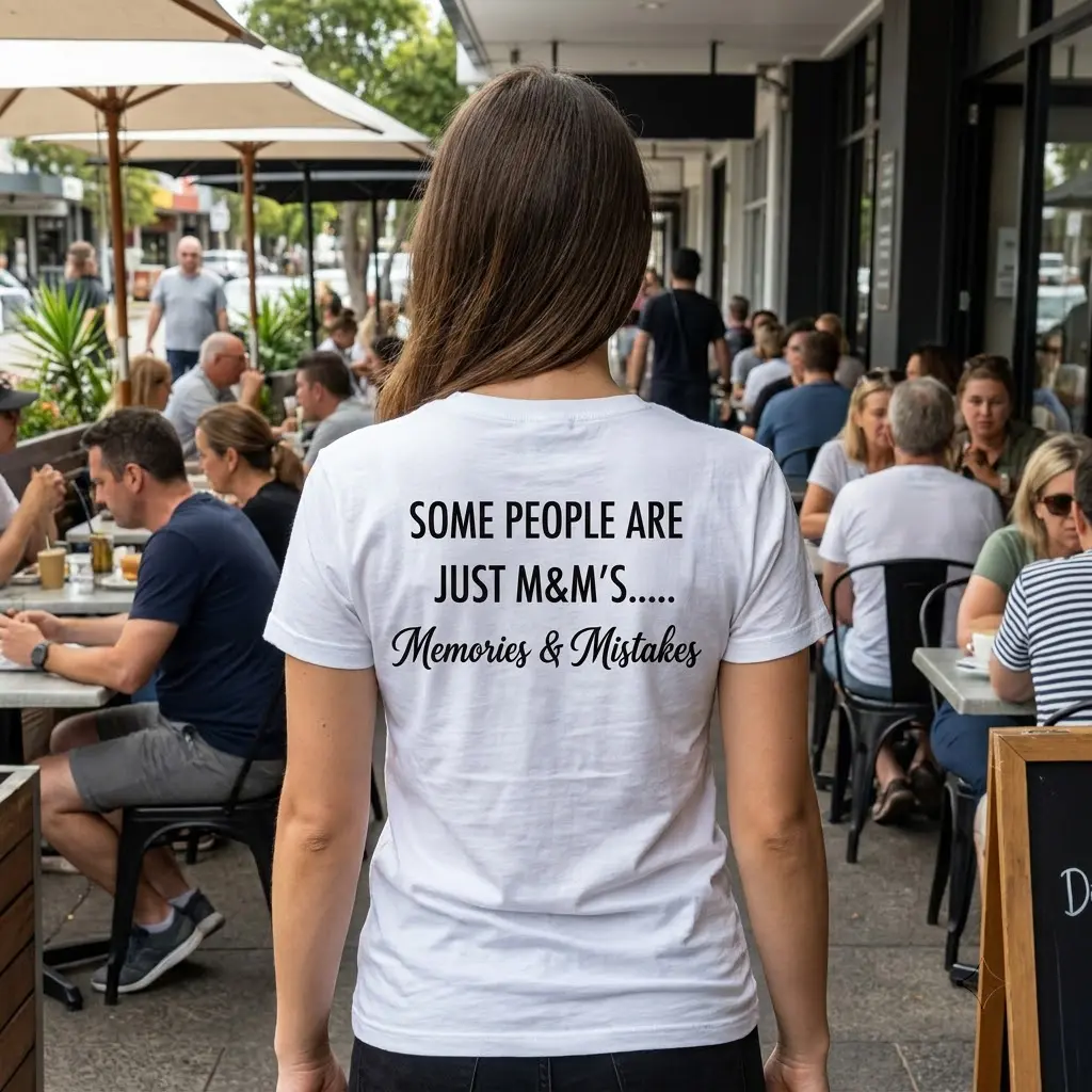 Memories And Mistakes Funny Quote T-Shirt 5 Lifestyle view showcasing the back of the Memories and Mistakes graphic shirt worn in an everyday setting.