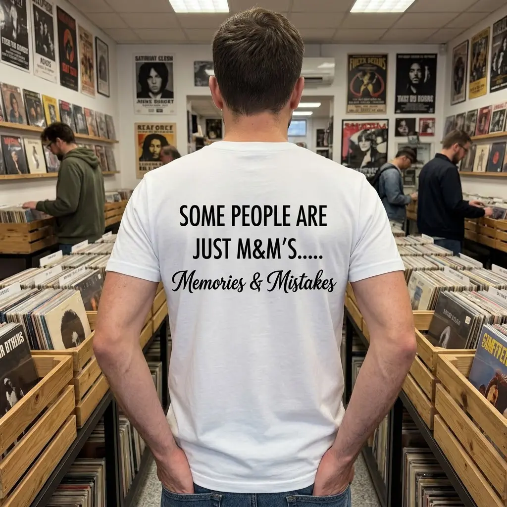 Memories And Mistakes Funny Quote T-Shirt 6 Casual lifestyle scene showing the sarcastic M&M's Memories and Mistakes quote printed on the back of the garment.