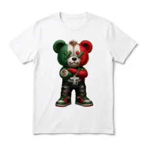 Mexican Flag Bear Shirt ? white flat lay tee showing a green, white, and red teddy bear with X eyes, cross chain, and ripped jeans