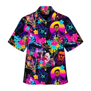 Horror movie characters hawaiian shirt with neon tropical hibiscus on black fabric