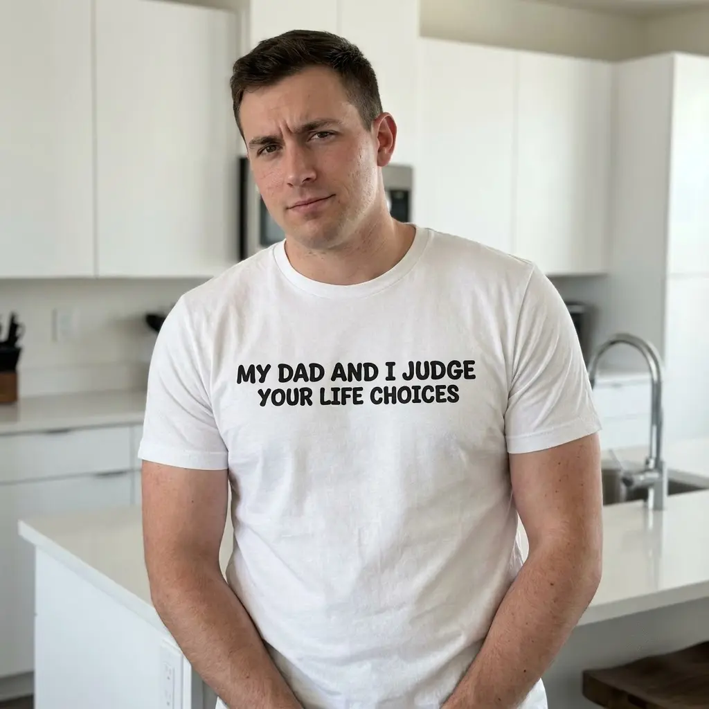 My Dad and I Judge Your Life Choices T-Shirt 6 Casual lifestyle setting featuring the humorous My Dad and I Judge Your Life Choices T-shirt.