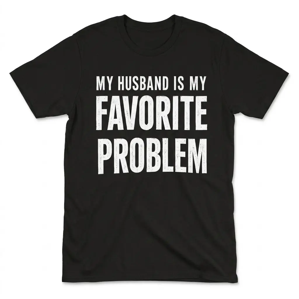 Black t-shirt flat lay with humorous text 'My Husband Is My Favorite Problem'.