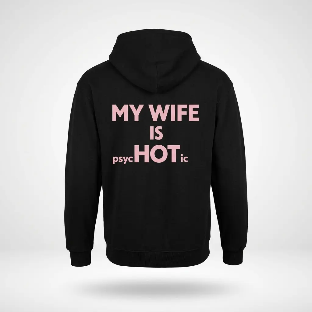 My Wife Is Hot Psychotic Funny T-Shirt 2 Back flatlay hoodie mockup with the pink “My wife is psycHOTic” relationship joke design.