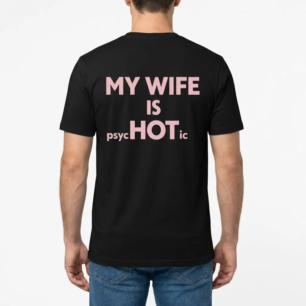 My Wife Is Hot Psychotic Funny T-Shirt 4 Man shown from the back wearing the “My wife is psycHOTic” funny relationship shirt design.