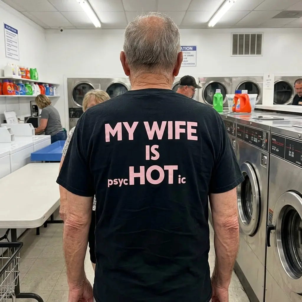 My Wife Is Hot Psychotic Funny T-Shirt 5 Lifestyle view of the playful “My wife is psycHOTic” design for a funny husband shirt.
