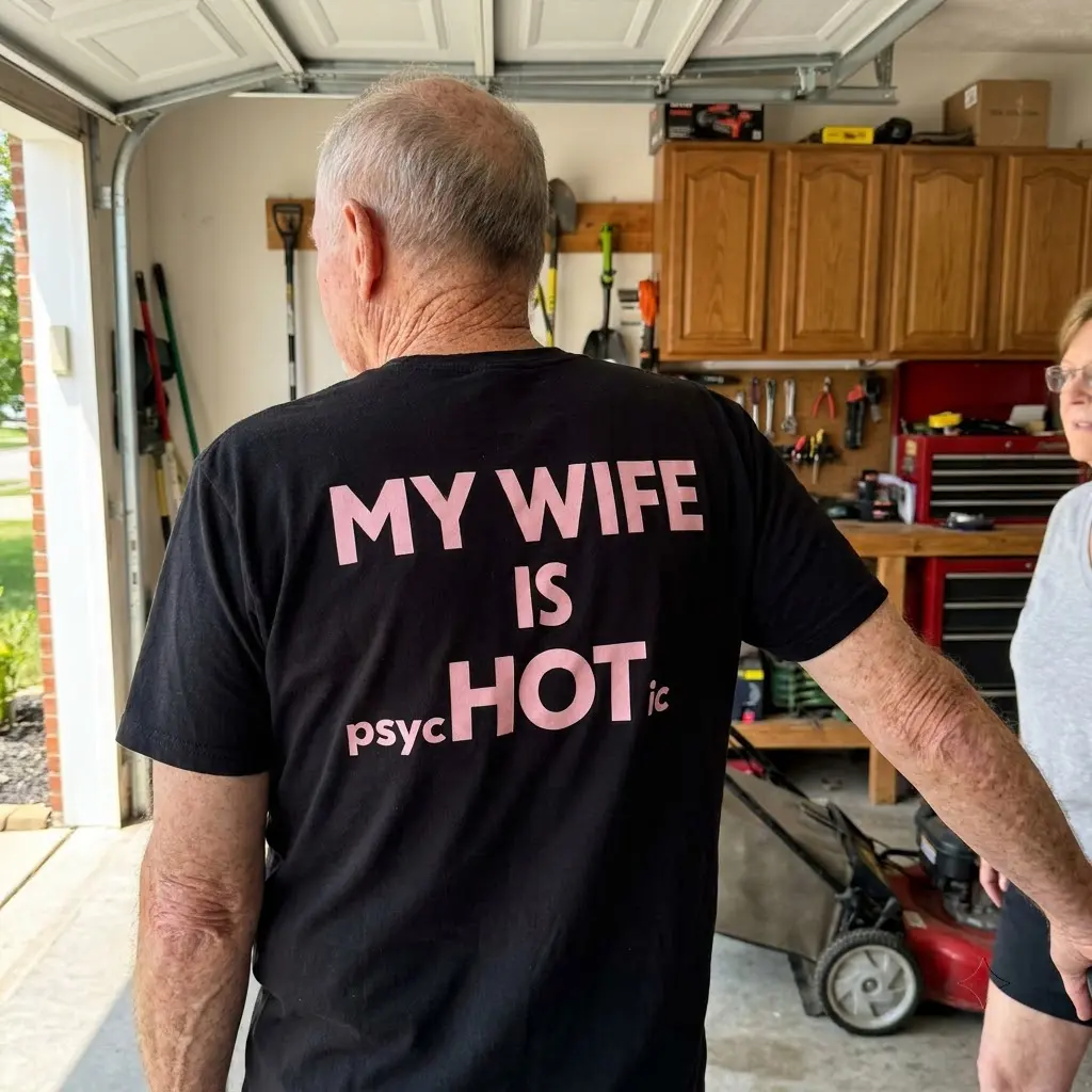My Wife Is Hot Psychotic Funny T-Shirt 6 Lifestyle product view highlighting the cheeky “My wife is psycHOTic” marriage joke design.