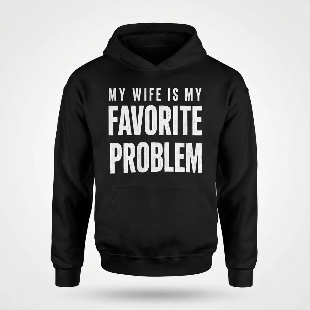 Front view of black hoodie with 'My Wife Is My Favorite Problem' text.