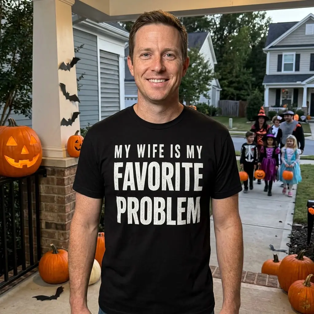 Casual scene showing T-shirt with 'My Wife Is My Favorite Problem' slogan.