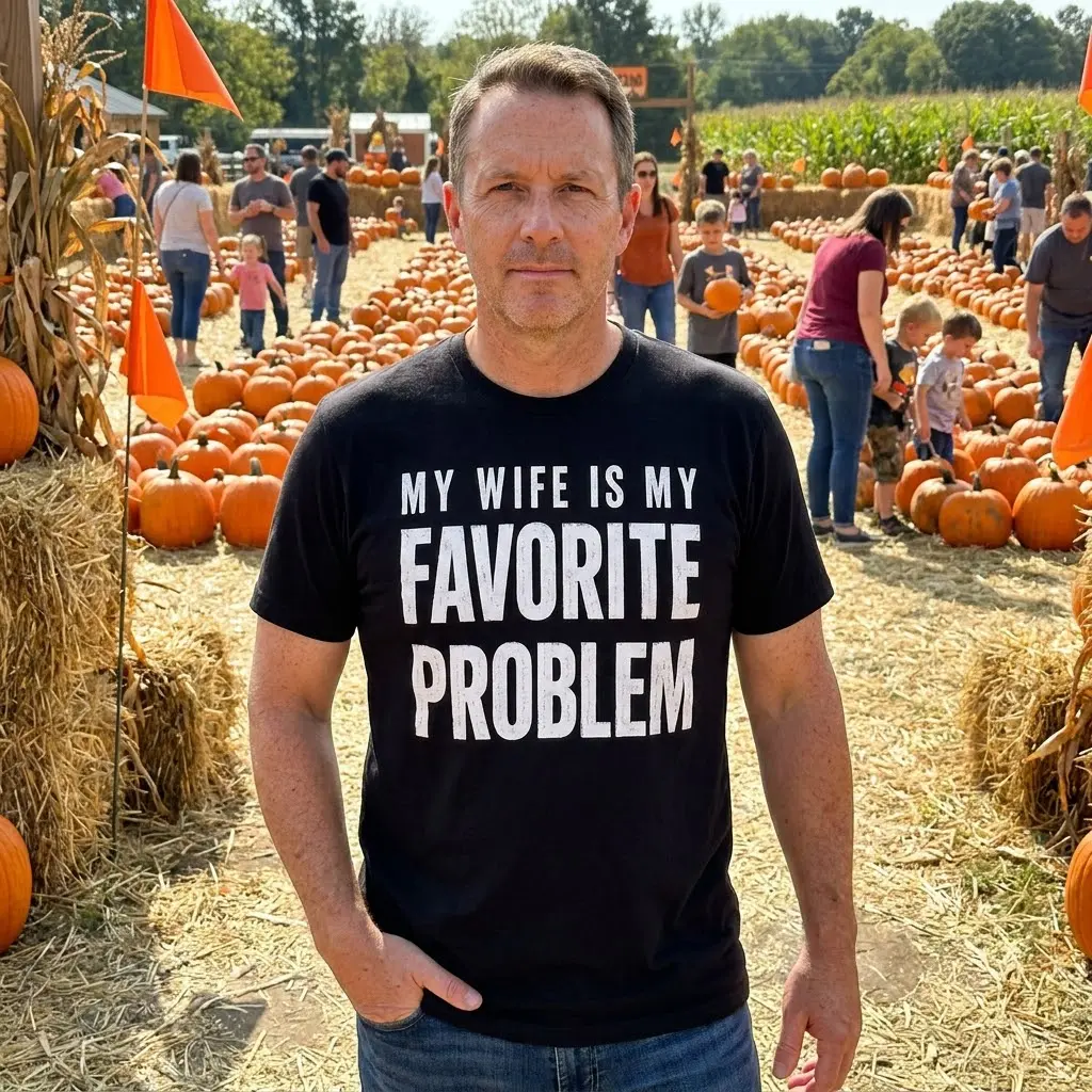 Playful setting featuring T-shirt with humorous marriage text.