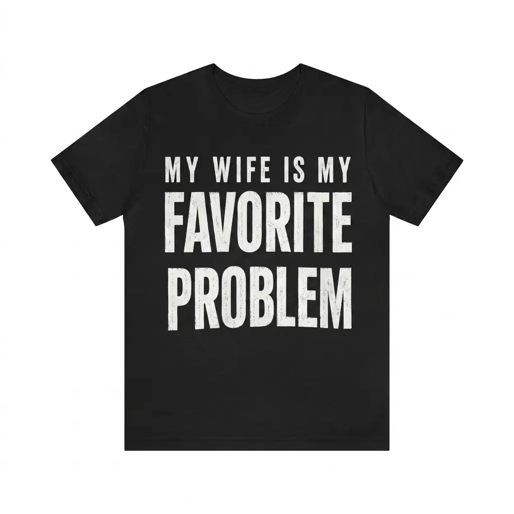 Front view of black T-shirt with 'My Wife Is My Favorite Problem' text.