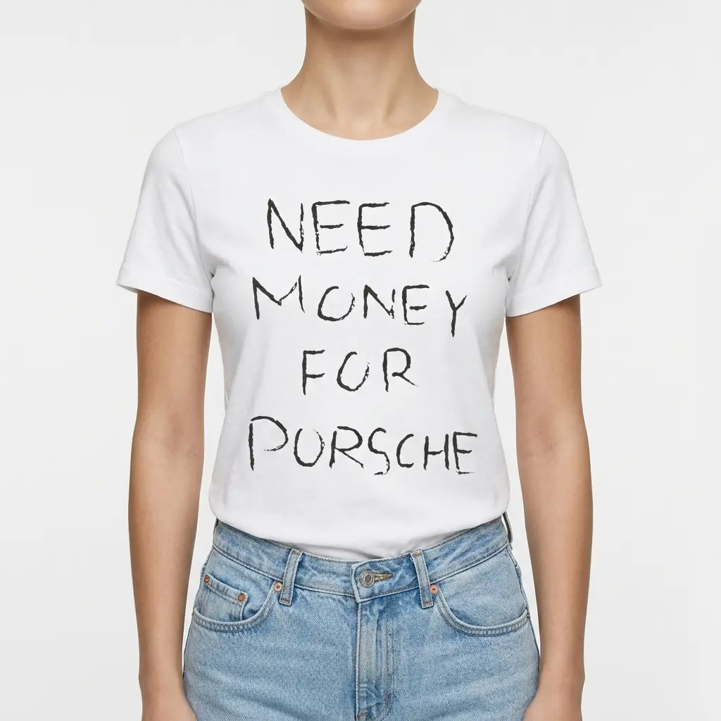 Need Money For Porsche Funny Graphic T-Shirt 4 Flat lay of a white shirt with a funny text design reading 'NEED MONEY FOR PORSCHE'.