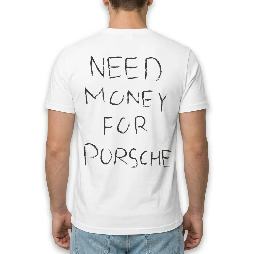 Need Money For Porsche Funny Graphic T-Shirt 5 Back view of a white t-shirt featuring a humorous statement 'NEED MONEY FOR PORSCHE'.