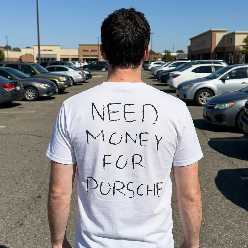 Need Money For Porsche Funny Graphic T-Shirt 6 Model wearing a humorous white t-shirt with 'NEED MONEY FOR PORSCHE' in a casual outdoor setting.