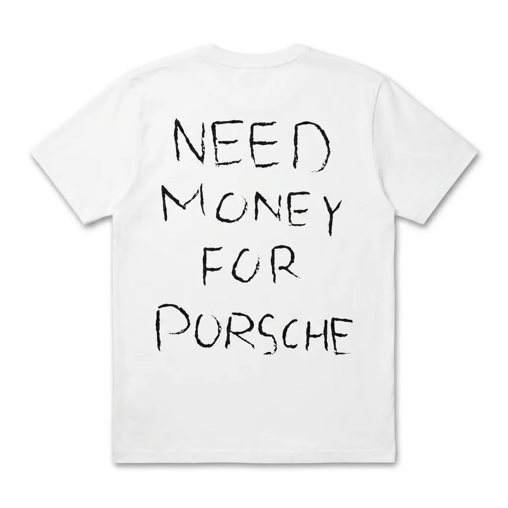 Need Money For Porsche Funny Graphic T-Shirt 1 White graphic t-shirt featuring the phrase 'NEED MONEY FOR PORSCHE' in bold, playful text.