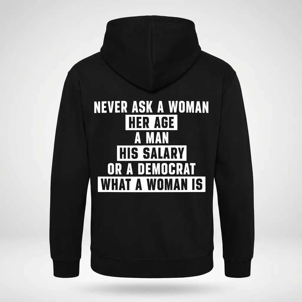 Back view of satirical political humor hoodie with bold text.