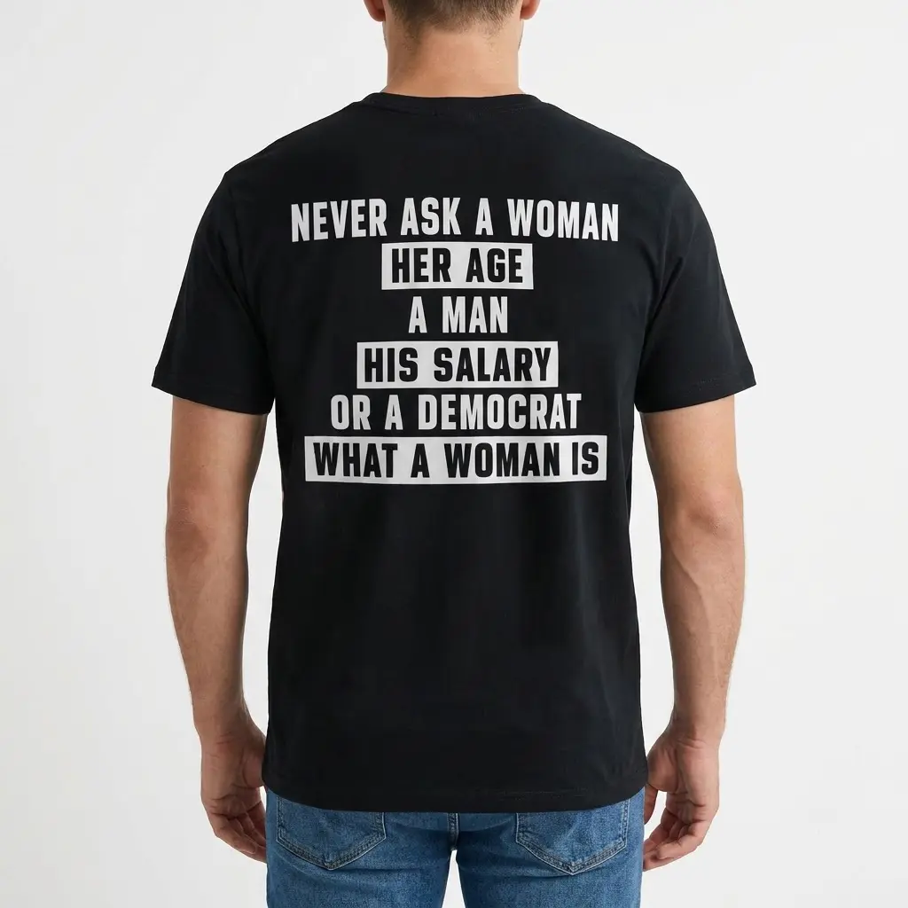 Man wearing satirical political humor t-shirt, showing back design.
