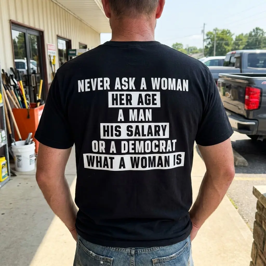 Person wearing political humor t-shirt in a casual setting.