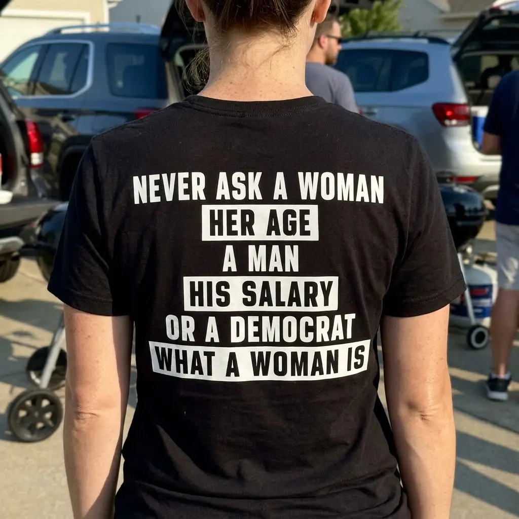 Close-up of political humor t-shirt worn in a lively environment.
