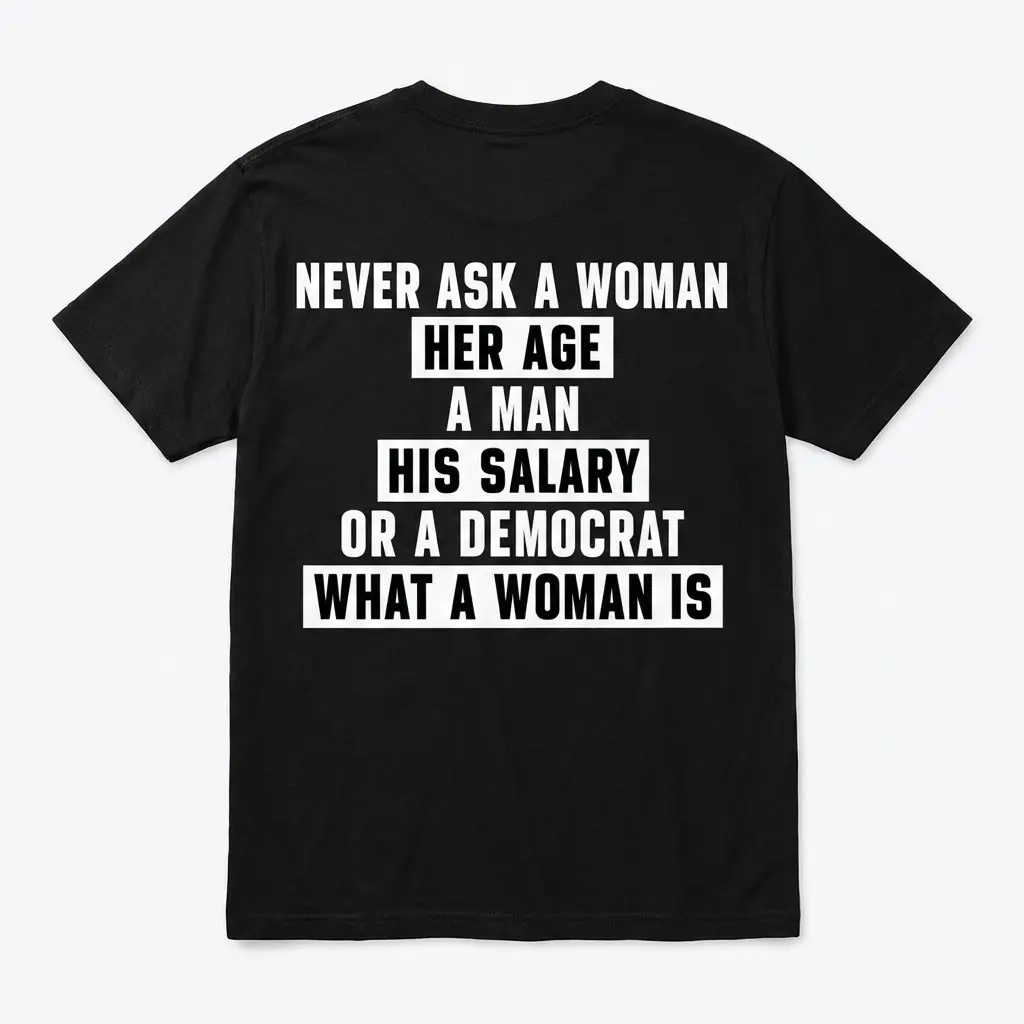 Back view of satirical political humor t-shirt with bold text.