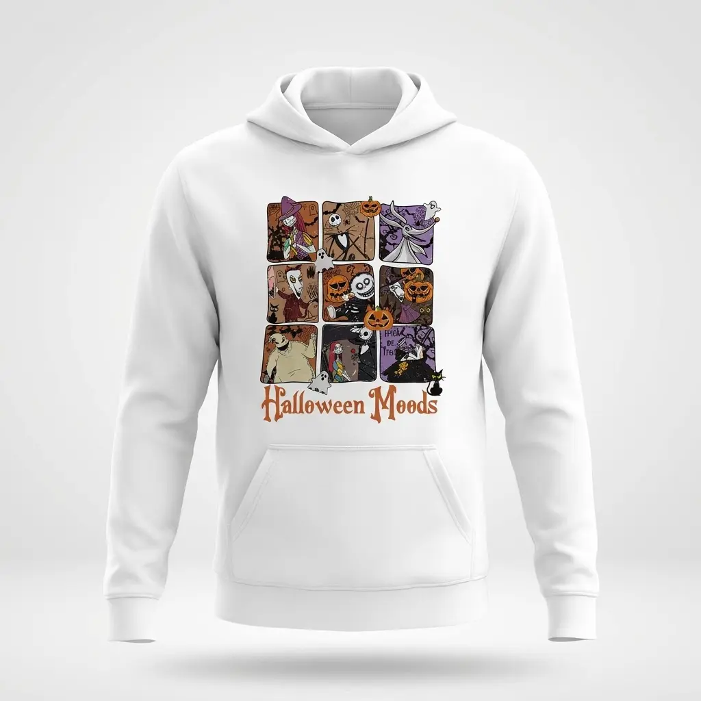 Nightmare Before Christmas Halloween Moods Graphic Tee 2 White hoodie showcasing a graphic of nine Nightmare Before Christmas characters in spooky Halloween settings.