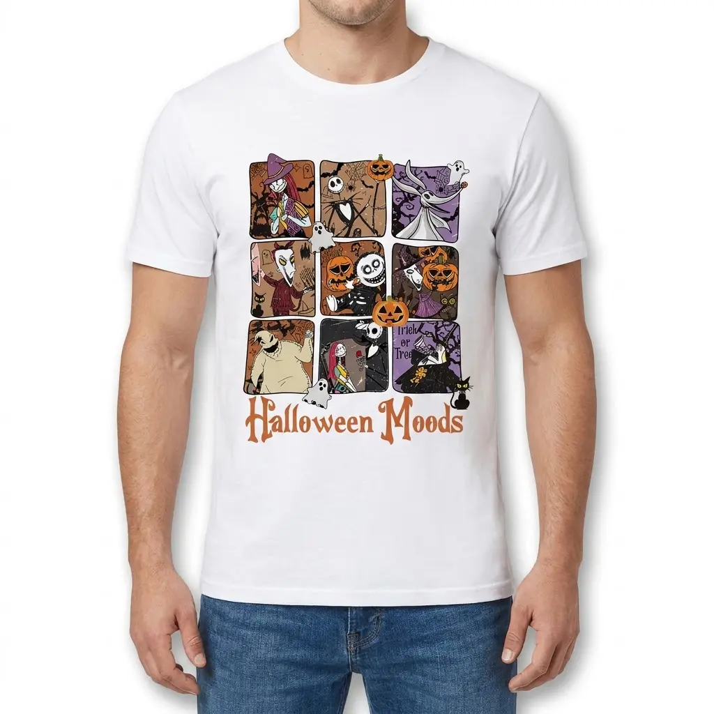 Nightmare Before Christmas Halloween Moods Graphic Tee 3 A man wearing the white Nightmare Before Christmas Halloween Moods graphic tee, featuring various spooky character scenes.