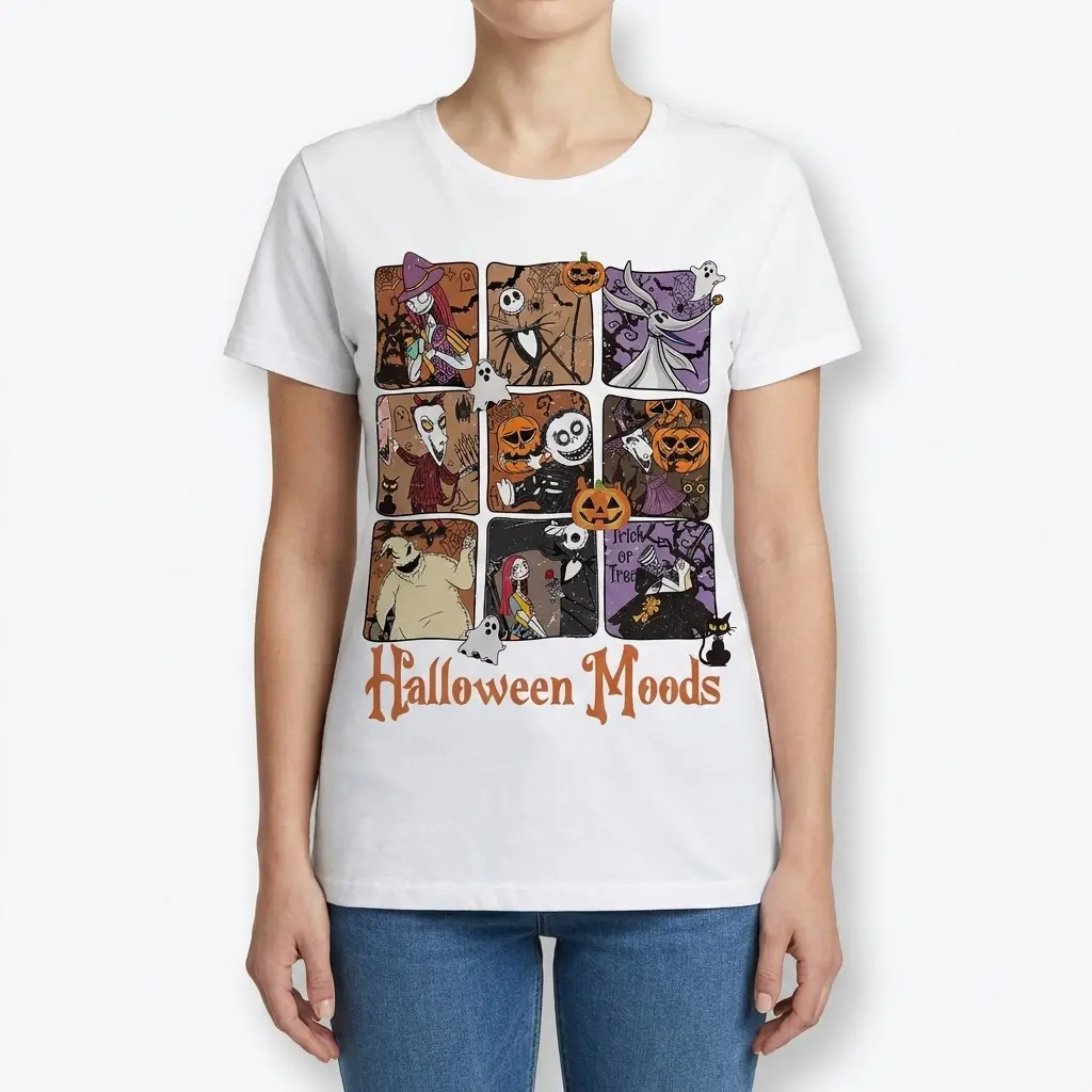 Nightmare Before Christmas Halloween Moods Graphic Tee 4 A woman wearing the white Nightmare Before Christmas t-shirt, depicting a collage of festive Halloween characters.