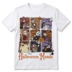 White t-shirt featuring a grid of Nightmare Before Christmas characters in Halloween scenes with "Halloween Moods" text below.