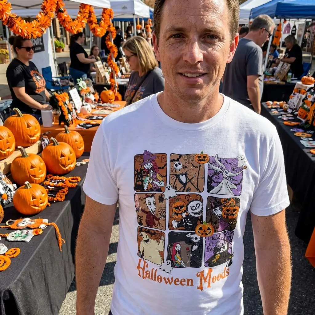 Nightmare Before Christmas Halloween Moods Graphic Tee 6 White t-shirt with a Nightmare Before Christmas collage design, portraying various playful and eerie Halloween moods for any outing.