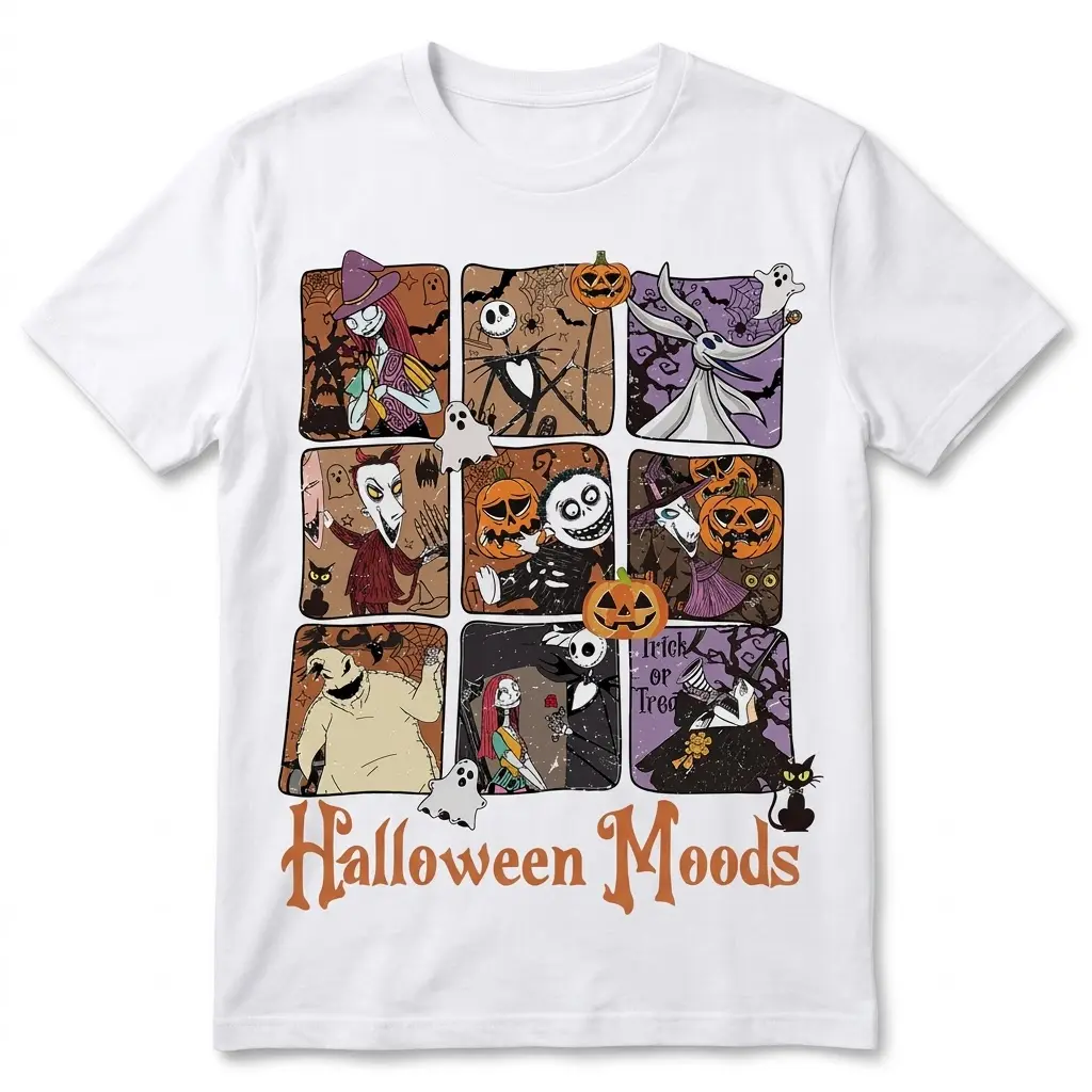 Nightmare Before Christmas Halloween Moods Graphic Tee 1 White t-shirt featuring a grid of Nightmare Before Christmas characters in Halloween scenes with "Halloween Moods" text below.