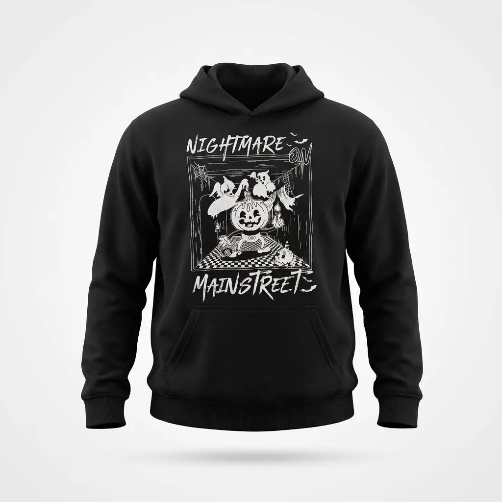 Nightmare Main Street Halloween Tee 2 Hoodie design showcasing the Nightmare Main Street theme with a fun, haunted street atmosphere.