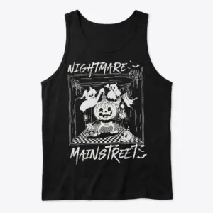 Nightmare Main Street Halloween Tee 8 Tank top displaying a whimsical Halloween scene with cheerful ghosts and a pumpkin character.