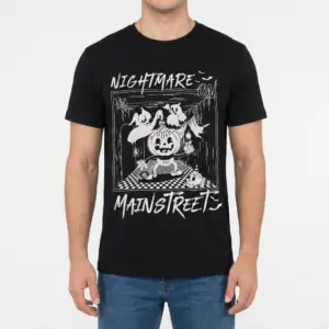 Nightmare Main Street Halloween Tee 9 Model wearing the Nightmare Main Street T-Shirt, highlighting the vibrant Halloween design.