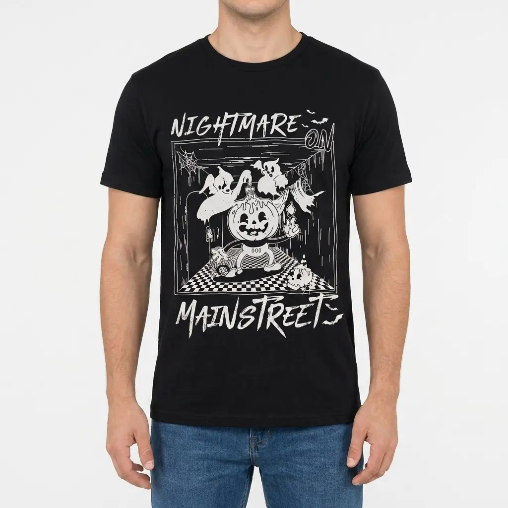 Nightmare Main Street Halloween Tee 4 Model wearing the Nightmare Main Street T-Shirt, highlighting the vibrant Halloween design.