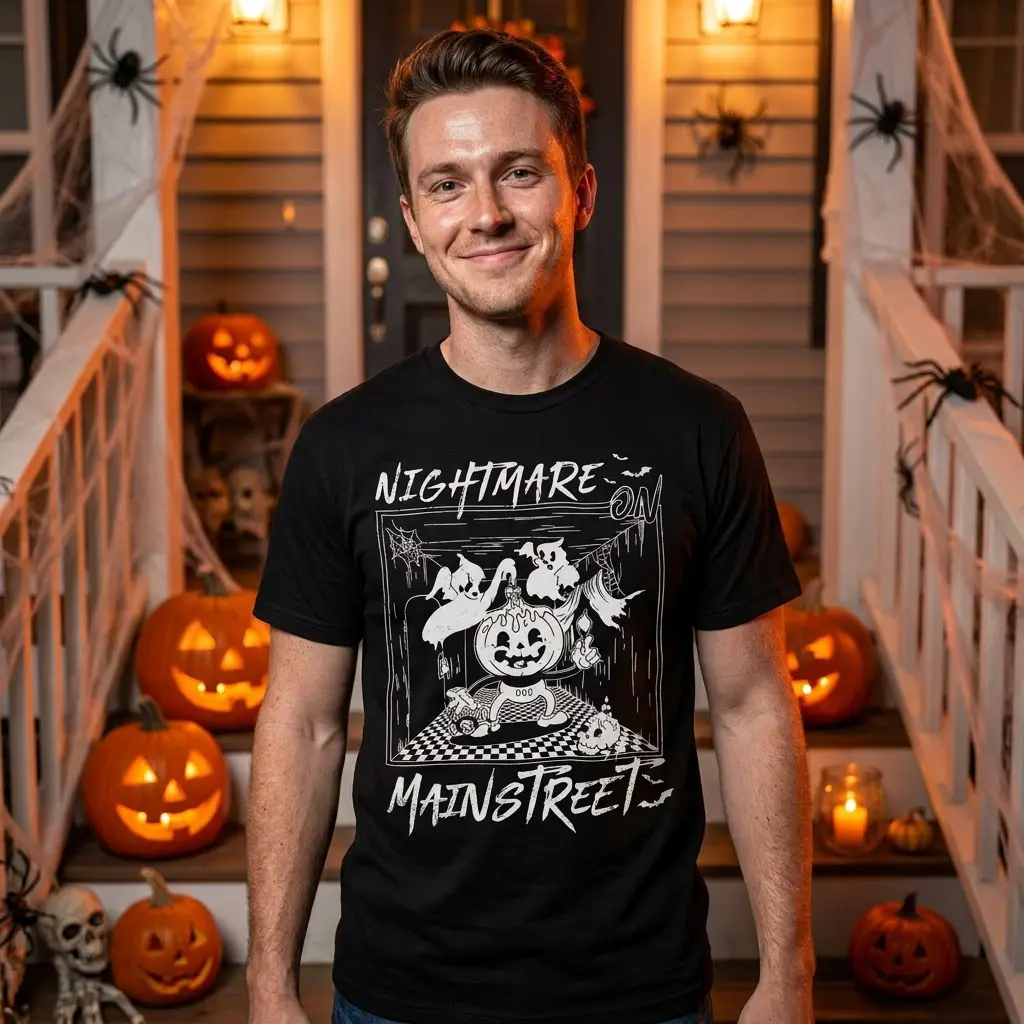 Nightmare Main Street Halloween Tee 5 Lifestyle shot of a person in the Nightmare Halloween T-Shirt, set in a festive Halloween scene.