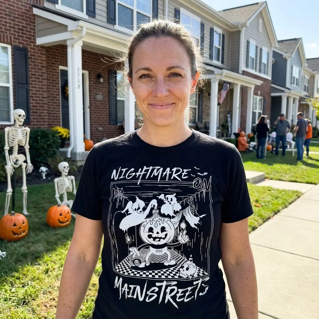 Nightmare Main Street Halloween Tee 6 Casual image featuring the Nightmare Main Street T-Shirt, styled in a cozy Halloween-themed setting.