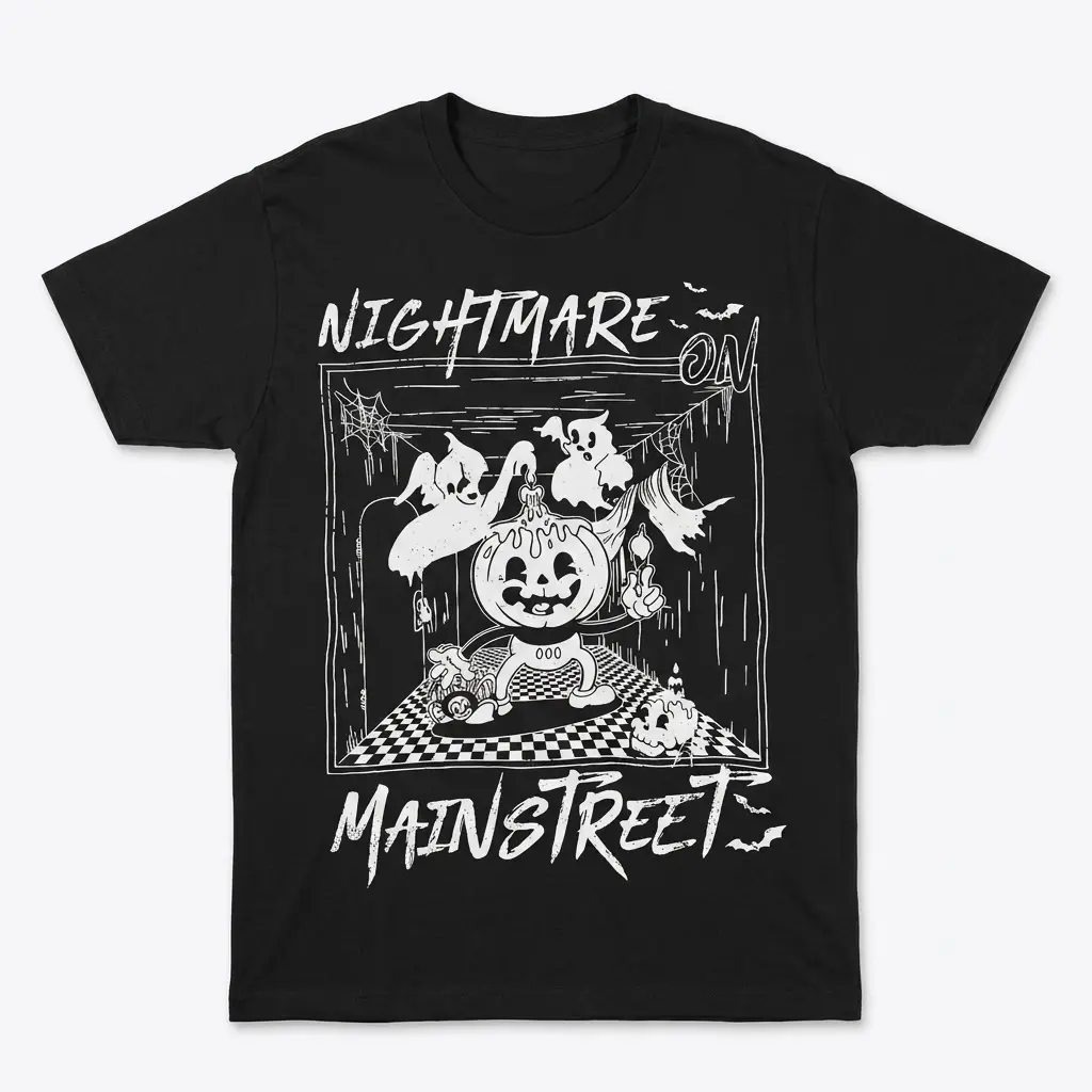Nightmare Main Street Halloween Tee 1 Nightmare Main Street Halloween T-Shirt featuring a spooky, retro design with playful ghost characters.