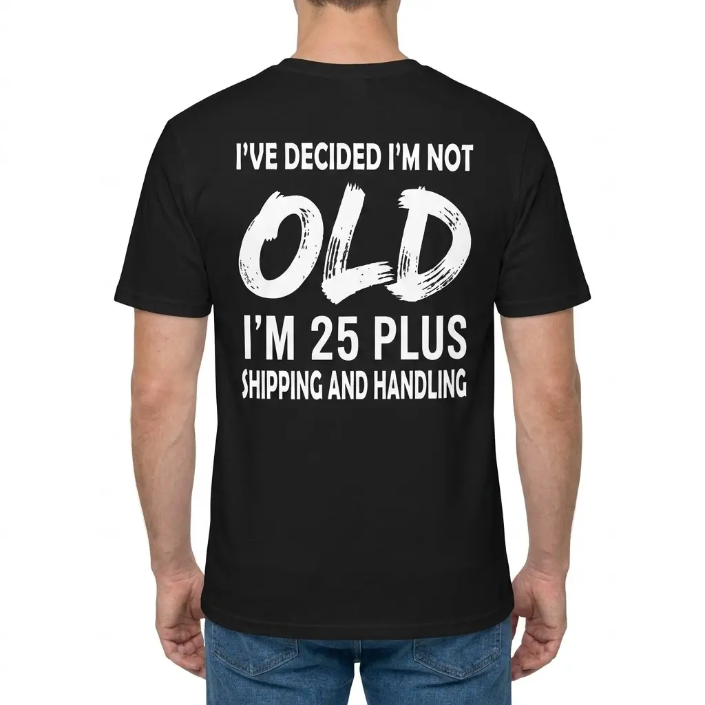 Not Old 25 Plus Shipping and Handling T-Shirt 4 Rear view of a man wearing the black t-shirt with the funny birthday design printed on the back.