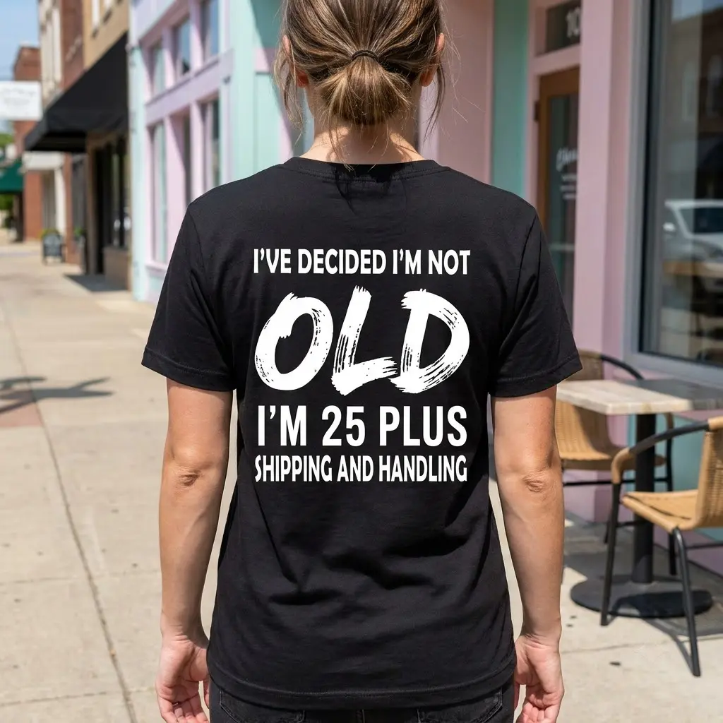 Not Old 25 Plus Shipping and Handling T-Shirt 5 A man wearing the black funny birthday shirt in a casual outdoor setting, showing the graphic text on the back.