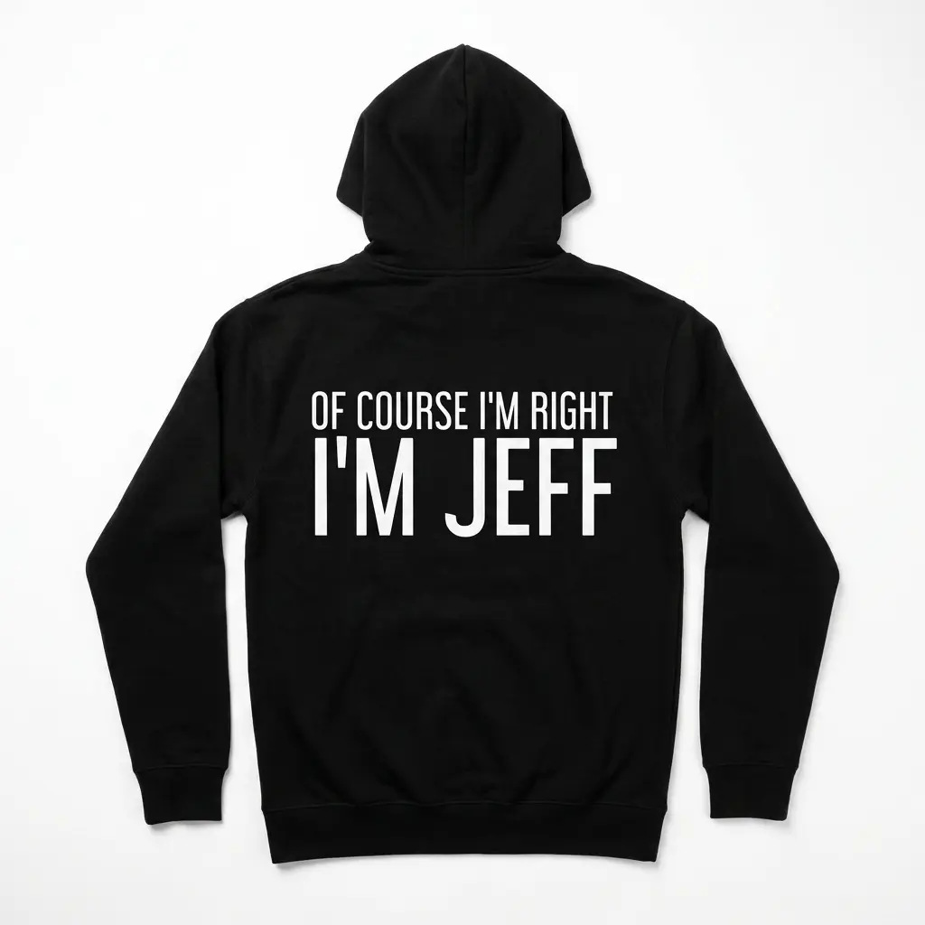 Of Course I'm Right I'm Jeff Funny T-Shirt 2 Front view of a black T-shirt labeled 'I'm Jeff' in bold white font.