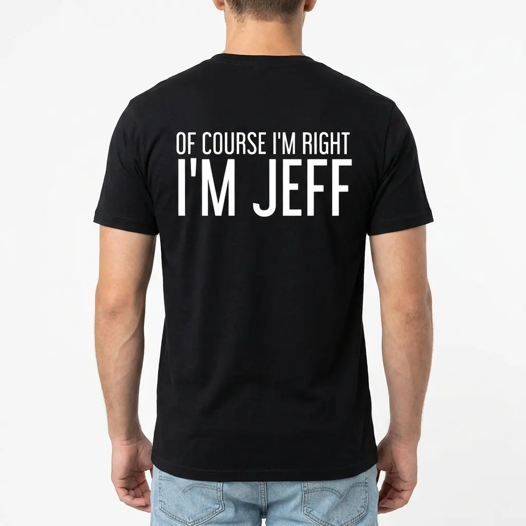 Of Course I'm Right I'm Jeff Funny T-Shirt 5 Black T-shirt showing bold white text 'I'm Jeff' from the back.