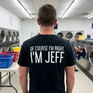 Of Course I'm Right I'm Jeff Funny T-Shirt 11 Person wearing 'Of Course I'm Right I'm Jeff' T-shirt in a casual setting.