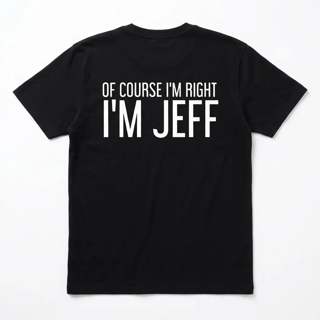 Of Course I'm Right I'm Jeff Funny T-Shirt 1 Black T-shirt with the text 'Of Course I'm Right I'm Jeff' in white.
