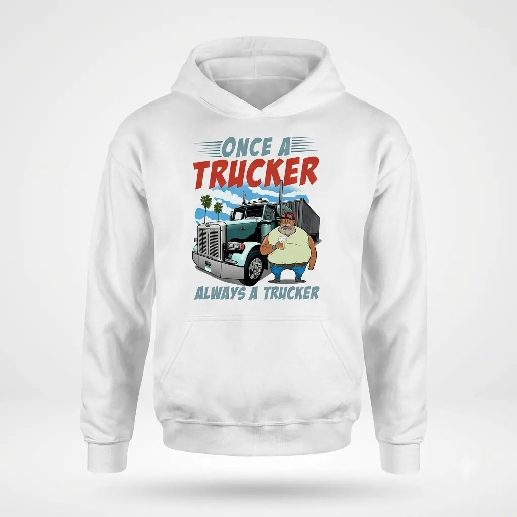 Hoodie front flat lay with 'Once A Trucker' graphic.