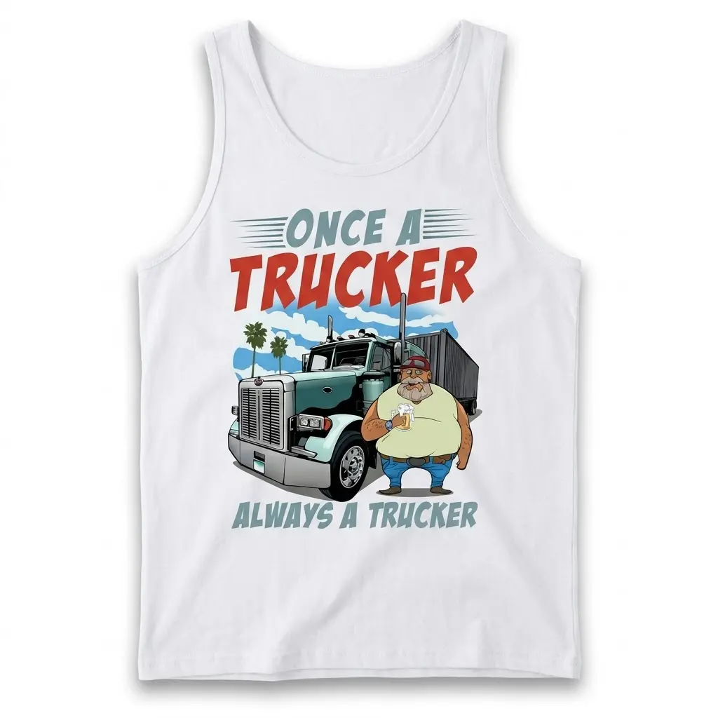 Tank top front flat lay featuring 'Once A Trucker' illustration.