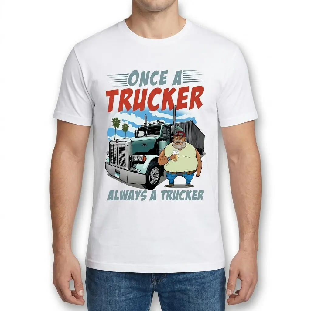 Male model wearing 'Once A Trucker' shirt, front view.