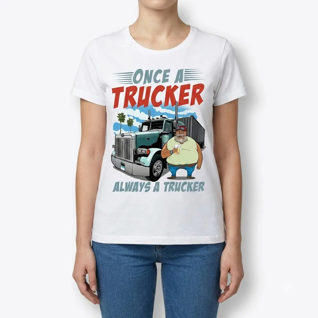 Female model in 'Once A Trucker' shirt, front view.