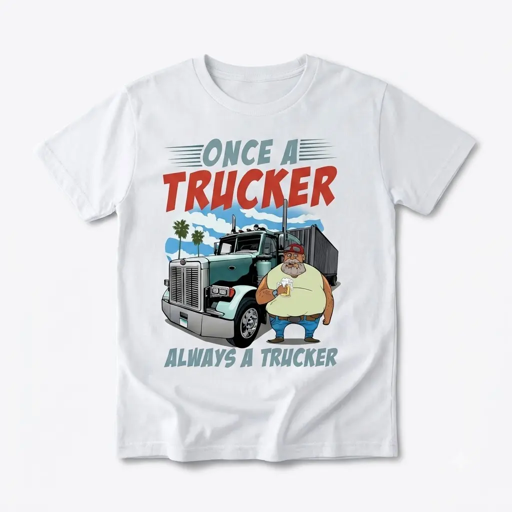 Flat lay of 'Once A Trucker' shirt showing front design.