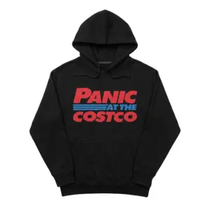 Panic At The Costco Funny Parody T-Shirt 7 Black t-shirt featuring a large 'Panic At The Costco' design in red and blue.
